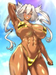 absurdres bikini black_nails blue_sky cloud covered_erect_nipples dark-skinned_female dark_skin glasses gold_bikini grin highres hudo_shin kantai_collection musashi_(kancolle) muscular muscular_female pointy_hair rectangular_eyewear semi-rimless_eyewear sky smile sweat swimsuit under-rim_eyewear