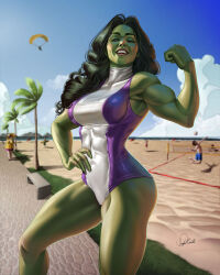 1girl beach blue_sky breasts cloud colored_skin day douglas_bicalho green_eyes green_hair green_skin hand_on_own_hip highres large_breasts leotard long_hair marvel multicolored_leotard outdoors palm_tree purple_leotard she-hulk signature sky solo_focus tree two-tone_leotard white_leotard