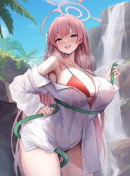 1girl ahoge bikini bikini_top_only blue_archive braid breasts collared_shirt halo hanako_(blue_archive) hanako_(swimsuit)_(blue_archive) highres holding holding_hose hose large_breasts long_hair looking_at_viewer official_alternate_costume outdoors pink_hair see-through_clothes see-through_shirt shirt single_braid solo swimsuit very_long_hair white_shirt yuuki_shuri