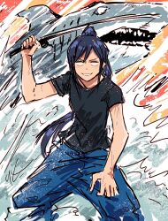 1girl arm_up bad_id bad_twitter_id black_shirt blank_eyes blue_hair blue_pants bullfalk comic_panel_redraw commentary dark_blue_hair derivative_work great_white_shark grin highres holding holding_sword holding_weapon jujutsu_kaisen katana long_hair looking_at_viewer love_live! love_live!_sunshine!! matsuura_kanan orange_background pants parody shark shirt sidelocks smile solo squatting sword v-shaped_eyebrows very_long_hair water weapon