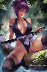 1girl arm_support artist_name black_thighhighs blurry blurry_background breasts highleg highleg_leotard jigokuraku large_breasts leotard licking_lips lips looking_at_viewer ninja olchas purple_hair red_eyes sash short_hair short_sword sitting solo sweat sword thighhighs tongue tongue_out weapon white_sash yuzuriha_(jigokuraku)