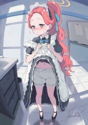 1girl aqua_bow aqua_bowtie aqua_ribbon averting_eyes black_dress black_shoes bloomers blue_archive blush bow bowtie bulletin_board clothes_lift dress dress_lift flat_chest full-face_blush full_body hair_ribbon halo highres inushida_(dogsheepsheep) lifting_own_clothes loli long_hair maid maid_headdress midriff navel open_mouth orange_hair ponytail reflective_floor ribbon shadow shoes signature solo sweat trash_can underwear very_long_hair yuzu_(blue_archive) yuzu_(maid)_(blue_archive)