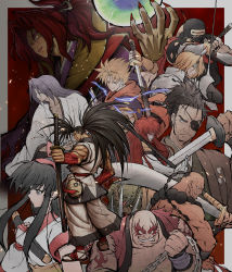 Rule 34 | 1990s (style), 2girls, 6+girls, ainu clothes, armor, bald, big belly, bird, black gloves, black hair, blonde hair, blue eyes, boots, bow, breastplate, charlotte christine de colde, earthquake (samurai spirits), elbow gloves, everyone, facial tattoo, fingerless gloves, gloves, grin, hairband, haoumaru, hattori hanzou, hawk, headband, highres, holding, holding smoking pipe, itouei, japanese clothes, katana, kibagami genjuro, kiseru, long hair, looking at viewer, male focus, mamahaha, multiple boys, multiple girls, muscular, nakoruru, ninja, pauldrons, ponytail, rapier, red bow, retro artstyle, samurai spirits, scar, scarf, sheath, short hair, shoulder armor, smile, smoking pipe, snk, sword, tattoo, weapon