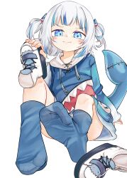 1girl blue_eyes blue_hair blue_hoodie blue_socks chaosexceed closed_mouth feet fins fish_tail gawr_gura gawr_gura_(1st_costume) hair_ornament highres holding holding_shoes hololive hololive_english hood hoodie looking_at_viewer multicolored_hair shark_girl shark_hair_ornament shark_tail shoes simple_background sitting socks solo streaked_hair tail toes two_side_up unworn_shoes virtual_youtuber white_background white_hair white_shoes