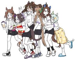 Rule 34 | 6+girls, absurdres, animal ears, black skirt, brown hair, domino mask, ear covers, el condor pasa (umamusume), food, full body, golden generation (umamusume), grass wonder (umamusume), green hair, highres, holding, holding food, horse ears, horse girl, horse tail, hug, king halo (umamusume), long hair, looking at another, looking back, mask, miniskirt, multiple girls, purple eyes, red eyes, seiun sky (umamusume), shirt, skirt, slippers, special week (umamusume), spiked hair, tail, tsurumaru tsuyoshi (umamusume), umamusume, unseuking0427, white background, white shirt, yuri