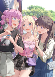 3girls :d ahoge anyoji_hime bag bare_shoulders black_jacket black_ribbon black_shirt blonde_hair blue_eyes blue_hair blue_skirt blunt_bangs bottle breasts brown_hair casual checkered_clothes checkered_shorts clothes_around_waist collarbone comiket_104 commentary_request cowboy_shot flower fujishima_megumi fujishima_megumi_(summer_casual) gradient_hair grey_bag hair_flower hair_intakes hair_ornament hair_ribbon highres holding holding_bottle jacket jacket_around_waist jewelry leather leather_jacket light_blue_hair link!_like!_love_live! long_hair looking_at_another love_live! medium_breasts midriff_peek mira-cra_park! multi-tied_hair multicolored_hair multiple_girls necklace open_mouth opening_bottle osawa_rurino osawa_rurino_(summer_casual) outdoors parted_bangs partial_commentary pink_flower pink_hair pink_shirt plastic_bottle ponytail purple_bag purple_eyes ribbon shamakho shirt short_shorts short_sleeves shorts shoulder_bag sidelocks skirt three-quarter_sleeves small_breasts smile strapless strapless_shirt swept_bangs teeth twintails two_side_up upper_teeth_only virtual_youtuber white_footwear white_shorts
