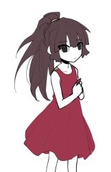 Rule 34 | 1girl, black eyes, brown hair, closed mouth, collarbone, colored skin, commentary request, cowboy shot, dress, korean commentary, kumazaki karen, long hair, nu (qjqmfqjqmf02), ponytail, red dress, saibou shinkyoku, short dress, simple background, sleeveless, sleeveless dress, solo, white background, white skin