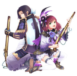 Rule 34 | akechi mitsuhide (sengoku musou), armor, ascot, black eyes, black hair, black skirt, boots, capelet, father and daughter, feather hair ornament, flower, green eyes, gun, hair ornament, hair ribbon, hakama, high heels, holding, holding weapon, hosokawa gracia, japanese clothes, kimono, kneeling, lips, looking back, musket, nashinomiya, obi, open mouth, pleated skirt, ponytail, red hair, ribbon, sandals, sash, sengoku musou, skirt, smile, tabi, thighhighs, weapon, white thighhighs