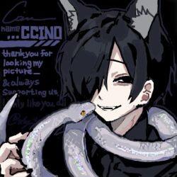 Rule 34 | 1boy, animal, animal ears, black background, black eyes, black hair, black nails, black shirt, chino (sky tanosi), commentary request, dog boy, dog ears, english text, fangs, hair over one eye, looking at viewer, male focus, original, shirt, short hair, simple background, snake, solo
