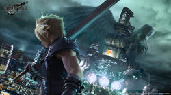 1990s_(style) 2boys 3d biceps blonde_hair building city cloud cloud_strife cloudy_sky concept_art copyright_name earrings feathered_wings final_fantasy final_fantasy_vii final_fantasy_vii_remake highres huge_weapon jewelry logo multiple_boys muscular night night_sky official_art over_shoulder sephiroth shoulder_pads single_wing sky spiked_hair square_enix stud_earrings sword upper_body weapon weapon_over_shoulder wings
