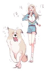Rule 34 | 1girl, absurdres, bare legs, blonde hair, border collie, commentary request, earrings, flying sweatdrops, full body, furrowed brow, gakuen idolmaster, green shoes, highres, idolmaster, jacket, jewelry, running, shinosawa hiro, shoes, simple background, socks, solo, stud earrings, track jacket, white background, white shoes, white socks, yokoya inori