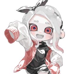 1girl artist_name black_bow black_choker black_hairband black_shirt black_shorts bow bow_hairband choker commentary commentary_request dolphin_shorts ear_piercing gradient_hair grey_hair hair_bow hairband highres jacket long_sleeves looking_at_viewer medium_hair multicolored_hair multicolored_jacket myon_rio nintendo octoling octoling_girl octoling_player_character open_clothes open_jacket open_mouth piercing red_eyes red_hair red_jacket shirt short_shorts shorts simple_background sleeves_past_fingers sleeves_past_wrists smile solo splatoon_(series) straight-on symbol-only_commentary teeth tentacle_hair thick_eyebrows twitter_username two-tone_hair two-tone_jacket white_background white_jacket