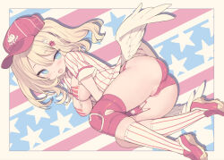 1girl angel_wings ass baseball_cap between_legs blade_(galaxist) blonde_hair blue_eyes blush bra feathered_wings hair_between_eyes hand_between_legs hat highres knee_pads kneehighs long_hair low_wings lying on_side open_clothes open_mouth open_shirt original panties partially_visible_vulva paw_hair_ornament red_bra red_panties red_socks shirt shoes short_sleeves smile sneakers socks solo striped_bra striped_clothes striped_shirt striped_socks two-tone_bra two-tone_shirt two-tone_socks two_side_up underwear vertical-striped_bra vertical-striped_clothes vertical-striped_shirt vertical-striped_socks wedgie white_socks white_wings wings
