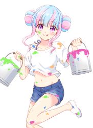 Rule 34 | 1girl, :q, aikatsu! (series), aikatsu stars!, aqua hair, bare legs, blush, can, closed mouth, collarbone, commentary, crop top, denim, denim shorts, double bun, foot out of frame, hair bun, halterneck, hanazono kirara, hands up, highres, holding, holding can, leg up, looking at viewer, medium hair, midriff, multicolored hair, navel, paint can, paint splatter, paint splatter on face, paint stains, pink eyes, pink hair, shirt, short sleeves, shorts, simple background, smile, solo, stomach, tiramisu651, tongue, tongue out, white background, white footwear, white shirt