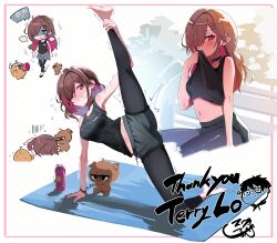Rule 34 | 1girl, absurdres, barefoot, black leggings, black shoes, black tank top, blush, breasts, brown hair, character request, colored inner hair, commission, copyright request, earrings, flying sweatdrops, grey shorts, highres, jewelry, leggings, long hair, multicolored hair, open mouth, pink eyes, pink hair, pink nails, shoes, short hair, shorts, skeb commission, stretching, sui hi sf, tank top, trembling, yoga