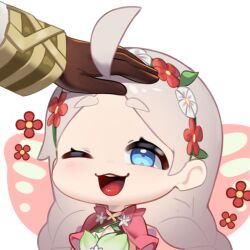 Rule 34 | 1girl, 1other, :3, ;d, ahoge, blue eyes, braid, breasts, butterfly wings, capelet, chibi, cleavage, commission, commissioner upload, fairy wings, fire emblem, fire emblem fates, fire emblem heroes, gradient clothes, headpat, highres, insect wings, kiran (fire emblem), ko-fi commission, low twin braids, medium breasts, nina (fire emblem), nina (resplendent) (fire emblem), nintendo, non-web source, official alternate costume, one eye closed, open mouth, parted bangs, pink capelet, shiimidori, smile, solo focus, twin braids, vine harness, wings