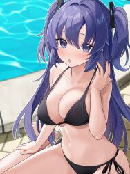 1girl atoriyui bare_shoulders bikini black_bikini blue_archive blue_eyes blue_hair blush breasts collarbone commentary_request hair_between_eyes hair_intakes highres large_breasts long_hair looking_at_viewer navel open_mouth pool poolside sitting skindentation solo stomach string_bikini swimsuit twintails wariza yuuka_(blue_archive)