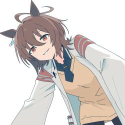 1girl absurdres agnes_tachyon_(umamusume) ahoge black_necktie black_pantyhose black_shirt blush brown_hair chemical_structure coat collared_shirt cork earrings hair_between_eyes highres huge_ahoge jewelry looking_at_breasts medium_hair myticalcat necktie open_clothes open_coat pantyhose parted_lips pen red_eyes shirt short_necktie simple_background single_earring smile solo sweater test_tube white_background wolf_cut yellow_sweater