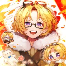 1boy ahoge artist_name axis_powers_hetalia belt black-framed_eyewear blonde_hair blue_bow blush blush_stickers boots bottle bow brown_belt brown_boots canada_(hetalia) canadian_flag character_name chibi chibi_inset coat commentary_request flag_background flower full_body fur-trimmed_coat fur_trim glasses goggles goggles_on_head hand_on_own_face hand_up highres holding holding_bottle long_sleeves looking_at_viewer multiple_views open_mouth pink_flower purple_eyes seirense34 semi-rimless_eyewear short_hair smile stuffed_animal stuffed_toy teddy_bear teeth upper_body