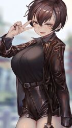 1girl :d absurdres black_choker black_nails black_shirt blurry blurry_background breasts brown_eyes brown_hair brown_jacket brown_shorts choker collared_shirt commentary cowboy_shot depth_of_field dress_shirt fang hair_between_eyes hand_up highres huge_breasts jacket leather leather_jacket leather_shorts looking_at_viewer nail_polish open_clothes open_jacket open_mouth original shirt short_hair short_shorts shorts skin_fang smile soleil_(soleilmtfbwy03) solo v v_over_eye