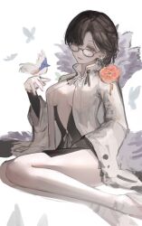 1girl bird bird_on_hand black_hair bow breasts center_opening earrings fate/grand_order fate_(series) flower glint high_collar highres jewelry kotowaza legs_folded light_smile medium_breasts parted_bangs parted_lips ribbon short_hair simple_background single_earring sketch tassel thighs white_background yu_mei-ren_(fgo_fes._2025)_(fate)