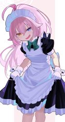 Rule 34 | 1girl, ahoge, alternate costume, apron, blue archive, blue eyes, clothes lift, falken (yutozin), feet out of frame, gloves, green ribbon, hair between eyes, halo, heterochromia, hoshino (blue archive), lifting own clothes, light blush, long hair, looking at viewer, maid, maid apron, maid headdress, open mouth, pink hair, pink halo, ribbon, short sleeves, skirt, skirt lift, smile, solo, sweatdrop, two-tone background, white gloves, yellow eyes