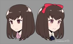1girl brown_eyes brown_hair closed_mouth do_m_kaeru dual_persona hair_ribbon mole mole_under_mouth necktie persona persona_1 ribbon short_hair simple_background smile solo sonomura_maki twitter_username