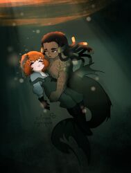 1boy 1girl arm_tattoo armlet artist_name black_footwear black_gloves black_overalls boots breasts citroncynique cleavage dark_skin dreadlocks facial_tattoo freckles gloves grey_shirt highres hug ishmael_(project_moon) jewelry knee_boots limbus_company long_hair merman monster_boy nipples orange_hair overalls partially_unbuttoned project_moon queequeg_(project_moon) shirt short_hair tattoo underwater