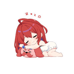 1girl bare_arms bare_shoulders barefoot blue_bow blue_hair bobby_(elizabeth_rose_bloodflame) bow chibi closed_eyes closed_mouth commentary dress elizabeth_rose_bloodflame highres hitsukuya hololive hololive_english long_hair lying multicolored_hair on_side red_hair simple_background sleeveless sleeveless_dress smile solo star_(symbol) two-tone_hair very_long_hair virtual_youtuber white_background white_dress zzz