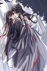 2boys bishounen black_hair black_hanfu blush chinese_clothes closed_eyes coat coat_partially_removed couple french_kiss grey_coat hair_down hair_ribbon half_updo hand_on_another&#039;s_face hanfu highres hug kiss lan_wangji leaf long_hair long_sleeves looking_at_another male_focus modao_zushi multiple_boys off_shoulder official_alternate_costume official_alternate_hairstyle open_mouth outdoors red_ribbon ribbon robe saliva semiusa1010 sidelocks standing sweat tongue tongue_out tree twitter_username very_long_hair watermark wei_wuxian wei_wuxian_(yiling_laozu) white_hanfu wide_sleeves xiao_guan_(headdress) yaoi yellow_eyes