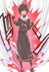 Rule 34 | 1girl, absurdres, aura, black gloves, black hair, black pantyhose, black serafuku, black shirt, black skirt, blunt bangs, bob cut, clenched hands, dot nose, dragon ball, dragonball z, flat chest, full body, gloves, hands up, highres, idolmaster, idolmaster cinderella girls, idolmaster cinderella girls starlight stage, kaiouken, kakki (kackie), loafers, long skirt, long sleeves, looking at viewer, motion lines, neckerchief, open mouth, pantyhose, parody, purple eyes, red neckerchief, sailor collar, school uniform, serafuku, shirayuki chiyo, shirt, shoes, short hair, skirt, solo, son goku, standing, white background, white sailor collar