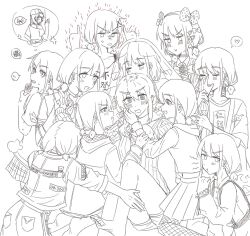 6+girls @_@ anger_vein angry blush bow bridal_veil closed_eyes commentary_request earrings fishnets girls_band_cry hair_bow hand_on_another&#039;s_face heart highres holding_another&#039;s_wrist iseri_nina jacket jewelry kawaragi_momoka koe_naki_sakana kuuhaku_to_catharsis licking_another&#039;s_hand long_hair looking_at_another multicolored_hair multiple_girls multiple_persona open_mouth pantyhose pealerprpr pinky_out pleated_skirt roots_(hair) shikai_no_sumi_kuchiru_oto short_twintails shorts skirt smile speech_bubble spoken_heart spot_color thought_bubble tongue tongue_out twintails veil yuri
