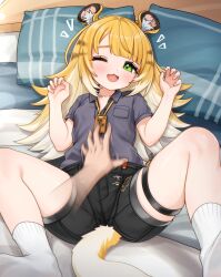 1girl 1other animal_ear_fluff animal_ears black_shorts blonde_hair blunt_bangs blush collared_shirt colored_inner_hair comodox green_eyes grey_shirt hand_up highres jacket ju_fufu long_hair long_sleeves looking_at_viewer multicolored_hair open_mouth paw_pose pillow shirt short_shorts shorts smile solo tail tiger_ears tiger_girl tiger_tail two-tone_hair very_long_hair zenless_zone_zero