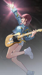 1girl absurdres audio_cable bare_legs black_choker blue_eyes blue_jacket brown_hair buttons cable chinese_commentary choker collared_shirt commentary_request electric_guitar foot_out_of_frame from_below from_side full_body girls_band_cry guitar guitar_strap highres holding holding_guitar holding_instrument instrument iseri_nina jacket jumping lens_flare long_sleeves low_twintails medium_hair open_clothes open_jacket open_mouth outstretched_arm outstretched_hand partial_commentary profile red_hair shirt shoes short_shorts short_twintails shorts sing_shuixing smile sneakers solo stage_lights twintails twisted_torso white_shoes white_shorts white_sneakers