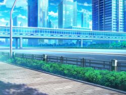 artist_request blue_sky bridge building bush cloud game_cg lamppost magia_record:_mahou_shoujo_madoka_magica_gaiden mahou_shoujo_madoka_magica no_humans official_art outdoors road scenery shade sidewalk sky skyscraper street