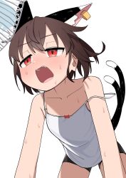 Rule 34 | 1girl, absurdres, alternate costume, animal ear fluff, animal ear piercing, animal ears, asakura haru, bare arms, bare shoulders, bent over, bike shorts, blush, brown hair, cat ears, cat tail, chen, collarbone, commentary, dot nose, double-parted bangs, dress, earrings, electric fan, extra ears, flat chest, from below, full-face blush, hair between eyes, half-closed eyes, highres, hot, jewelry, legs apart, multiple tails, nekomata, open mouth, red eyes, short hair, simple background, single earring, solo, spaghetti strap, strap slip, sweat, symbol-only commentary, tail, teeth, tongue, touhou, two tails, upper teeth only, white background, white dress