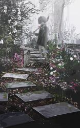 1girl flower ghost grave graveyard hen10 highres holding holding_weapon long_sleeves looking_at_viewer original outdoors plant short_hair solo weapon wide_shot