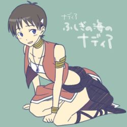 1boy bandeau blue_eyes brown_hair character_name company_connection copyright_name cosplay crossdressing crossdressing_(mtf) eitoman flat_color full_body fushigi_no_umi_no_nadia gainax ikari_shinji lowres male_focus nadia_la_arwall nadia_la_arwall_(cosplay) neon_genesis_evangelion short_hair simple_background solo white_bandeau