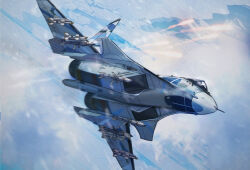 aircraft airplane battle cloud contrail fighter_jet firing flying highres military military_vehicle missile mobius_(mobiusu14) mountain no_humans original outdoors pilot realistic roundel science_fiction sky snow vehicle_focus weapon