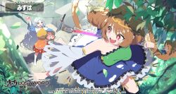 2girls brown_hair detached_sleeves food fruit grey_hair holding holding_food holding_fruit looking_at_another looking_back monkey_tail multiple_girls mzh peach red_eyes sakata_nemuno second-party_source smile son_biten tail touhou touhou_lostword
