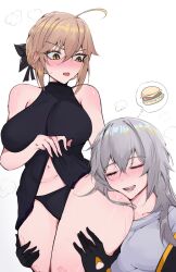 Rule 34 | 2girls, ahoge, arnkun, artoria pendragon (fate), bare shoulders, bite mark, black bow, black coat, black dress, black gloves, black panties, blonde hair, blush, bow, braid, breasts, burger, closed eyes, clothes lift, coat, commentary, cowboy shot, dress, english commentary, fate/grand order, fate (series), food, gloves, grey hair, hair between eyes, hair bow, hair bun, hand up, highres, honkai: star rail, honkai (series), huge ahoge, large breasts, lipstick mark, long hair, looking at another, multiple girls, navel, open clothes, open coat, open mouth, panties, saber alter, shirt, short hair, sidelocks, simple background, sleeveless, sleeveless dress, smile, speech bubble, standing, stelle (honkai: star rail), sweat, t-shirt, teeth, thighs, thought bubble, trailblazer (honkai: star rail), turtleneck, turtleneck dress, underwear, v-shaped eyebrows, white background, white shirt, yellow eyes, yuri