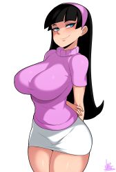 1girl animification arms_behind_back artist_name black_hair blue_eyes breasts commentary highres jmg large_breasts long_hair looking_to_the_side md5_mismatch resolution_mismatch signature simple_background skirt smile solo source_larger sweater the_fairly_oddparents thighs trixie_tang turtleneck white_background white_skirt