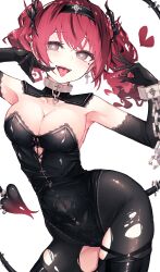 1girl absurdres armpits arms_up bare_shoulders black_gloves blunt_bangs blush breasts chain cleavage covered_navel cowboy_shot cross cross_earrings demon_girl demon_tail earrings elbow_gloves gloves hair_between_eyes heart heart-shaped_pupils highres jewelry long_hair looking_at_viewer medium_breasts navel original pantyhose piercing pubic_tattoo red_hair reizouko smile solo symbol-shaped_pupils tail tattoo thighs tongue tongue_out tongue_piercing torn_clothes torn_pantyhose twintails white_background