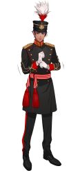 1boy alternate_costume black_pants buttons dark-skinned_male dark_skin epaulettes garamgum gloves golden_kamuy hat kepi koito_otonoshin long_sleeves looking_at_viewer male_focus military military_hat military_uniform pants parted_bangs purple_eyes purple_hair short_hair solo white_background white_gloves