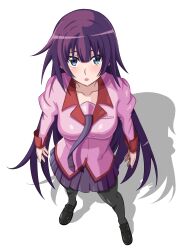 1girl :o absurdres bakemonogatari black_pantyhose black_shoes blue_eyes breasts highres kakukakusan long_hair medium_breasts miniskirt monogatari_(series) naoetsu_high_school_uniform pantyhose pleated_skirt purple_hair purple_skirt school_uniform senjougahara_hitagi shoes simple_background skirt solo standing very_long_hair white_background