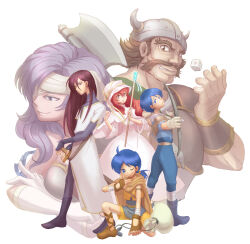 Rule 34 | 2girls, 4boys, bow (weapon), breasts, brown hair, castor (fire emblem), crossed arms, dice, dice (fire emblem), dress, eyepatch, facial hair, fake horns, fingerless gloves, fire emblem, fire emblem: akaneia saga, fire emblem: new mystery of the emblem, gloves, grin, helmet, holding, holding bow (weapon), holding weapon, hood, horned helmet, horns, large breasts, lena (fire emblem), long hair, malice (fire emblem), multiple boys, multiple girls, mustache, navarre (fire emblem), nintendo, ponytail, purple hair, red hair, rickard (fire emblem), smile, weapon, white dress, white gloves, yuko o