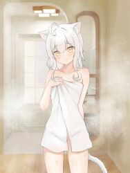 1girl absurdres animal_ears bare_shoulders cat_ears cat_girl cat_tail highres holding holding_towel indoors looking_at_viewer medium_hair naked_towel original steam tail towel wet white_hair yellow_eyes zhai_mi_xing_hui