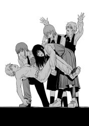 Rule 34 | 1boy, 4girls, arms up, carrying, carrying person, chainsaw man, collared shirt, crying, crying with eyes open, denji (chainsaw man), dress, earrings, fami (chainsaw man), famine devil (chainsaw man), fourth east high school uniform, greyscale, heart (organ), highres, holding heart (organ), jewelry, kiunchiku, kneeling, long hair, long sleeves, makima (chainsaw man), monochrome, multiple girls, open mouth, pants, pinafore dress, pochita (chainsaw man), scar, scar on face, school uniform, shirt, short hair, sidelocks, sleeveless, sleeveless dress, socks, tears, topless male, yoru (chainsaw man)