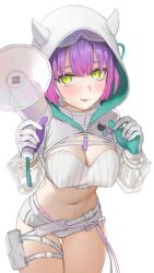 1girl belt blush breasts buckle character_name cleavage commentary cowboy_shot fang gloves gluteal_fold goggles goggles_on_head gradient_hair green_eyes hashtag-only_commentary highres holding holding_megaphone hololive hood hood_up hooded_shrug horned_hood horns large_breasts leaning_forward megaphone micro_shorts midriff multicolored_hair navel navel_piercing ndrph official_alternate_costume open_mouth piercing pink_hair pink_ribbon pouch purple_hair ribbon see-through_clothes see-through_sleeves shorts shrug_(clothing) simple_background skin_fang smile snap-fit_buckle solo thigh_gap thigh_pouch thigh_strap tokoyami_towa tokoyami_towa_(cyberpunk) two-sided_gloves virtual_youtuber waist_ribbon white_background white_belt white_shorts white_shrug