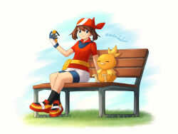 Rule 34 | 1girl, bandana, bench, bike shorts, bike shorts under skirt, blue eyes, brown hair, collared shirt, commentary request, gen 3 pokemon, gloves, grass, highres, holding, may (pokemon), nintendo, pokemon, pokemon (creature), pokemon rse, red bandana, red shirt, sherufu (natashelves), shirt, shoes, short sleeves, sitting, skirt, socks, torchic, white gloves, white skirt
